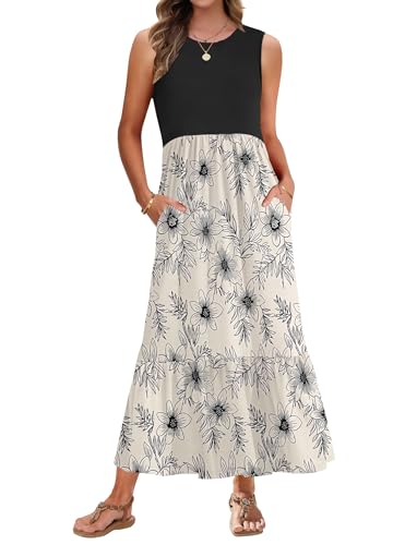AUSELILY Sommerkleid Damen Lang Ärmelloses Maxikleid Damen Sommer Strandkleid Lange Rundhals Tank Top Kleider Leicht und Luftig mit Taschen Elastischer Taille von AUSELILY