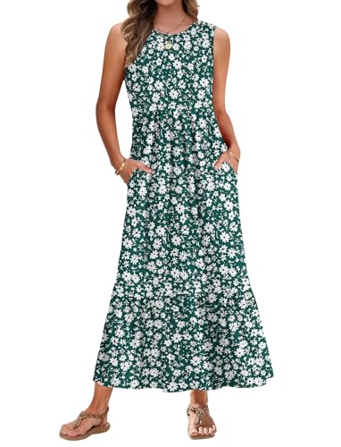 AUSELILY Sommerkleid Damen Lang Ärmelloses Maxikleid Damen Sommer Strandkleid Lange Rundhals Tank Top Kleider Leicht und Luftig mit Taschen Elastischer Taille Grüne Gänseblümchen S von AUSELILY