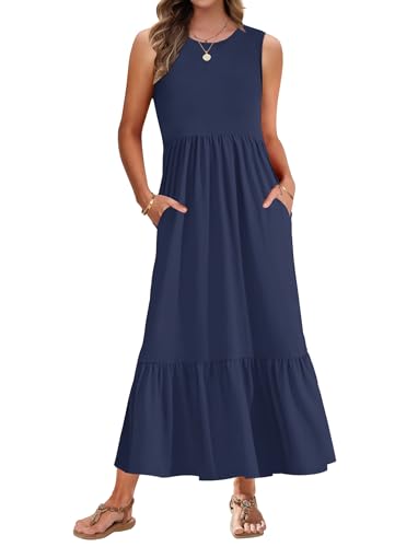 AUSELILY Sommerkleid Damen Lang Ärmelloses Maxikleid Damen Sommer Strandkleid Lange Rundhals Tank Top Kleider Leicht und Luftig mit Taschen Elastischer Taille von AUSELILY