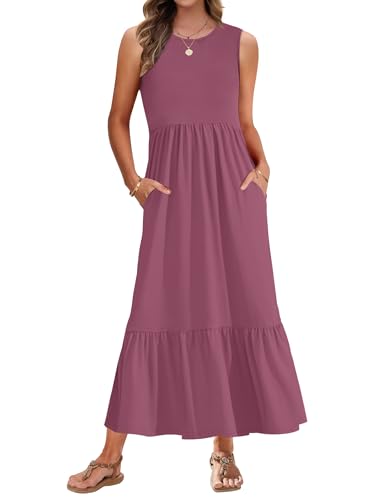 AUSELILY Sommerkleid Damen Lang Ärmelloses Maxikleid Damen Sommer Strandkleid Lange Rundhals Tank Top Kleider Leicht und Luftig mit Taschen Elastischer Taille Mauve M von AUSELILY