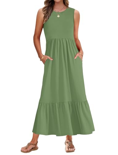 AUSELILY Sommerkleid Damen Lang Ärmelloses Maxikleid Damen Sommer Strandkleid Lange Rundhals Tank Top Kleider Leicht und Luftig mit Taschen Elastischer Taille von AUSELILY