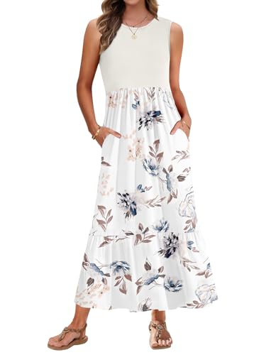 AUSELILY Sommerkleid Damen Lang Ärmelloses Maxikleid Damen Sommer Strandkleid Lange Rundhals Tank Top Kleider Leicht und Luftig mit Taschen Elastischer Taille von AUSELILY