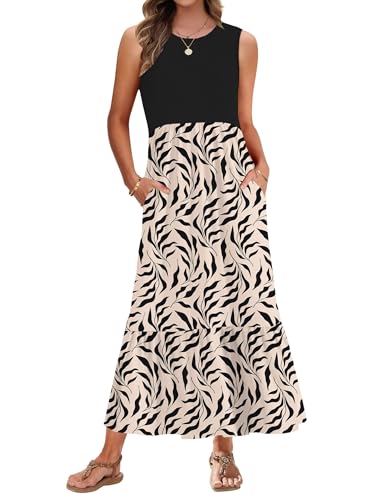 AUSELILY Sommerkleid Damen Lang Ärmelloses Maxikleid Sommer Strandkleid Lange Rundhals Tank Top Kleider Leicht und Luftig mit Taschen Elastischer Taille Aprikose Schwarz Blätter L von AUSELILY