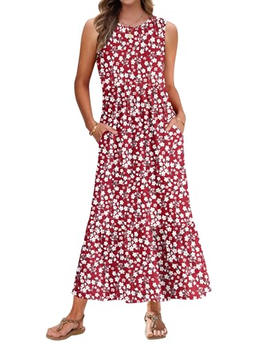 AUSELILY Sommerkleid Damen Lang Blumen Maxikleid Damen Sommer Strandkleid Lange Rundhals Ärmelloses Kleider Leicht und Luftig mit Taschen Elastischer Taille Rote Blumen L von AUSELILY