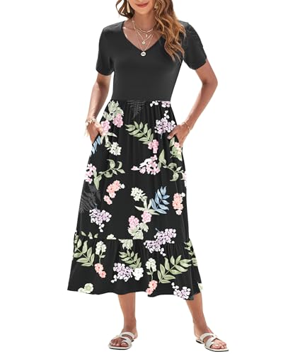 AUSELILY Sommerkleid Damen Lang Kurzarmkleid Maxikleid Damen Sommer V Ausschnitt Empire Taillen Strandkleider mit Taschen Blüte Schwarz XL von AUSELILY