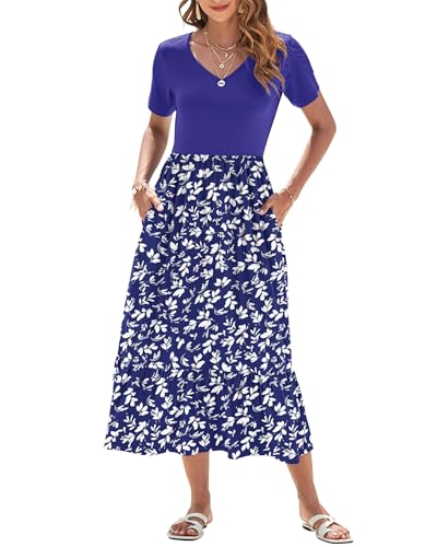 AUSELILY Sommerkleid Damen Lang Kurzarmkleid Maxikleid Damen Sommer V Ausschnitt Empire Taillen Strandkleider mit Taschen Blumen Blau Weiß XL von AUSELILY