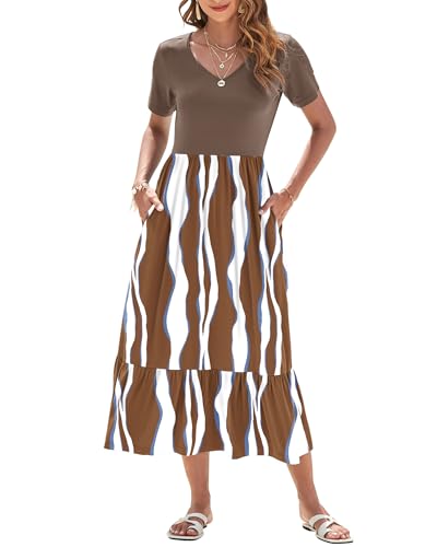 AUSELILY Sommerkleid Damen Lang Kurzarmkleid Maxikleid Damen Sommer V Ausschnitt Empire Taillen Strandkleider mit Taschen Khaki Braun L von AUSELILY