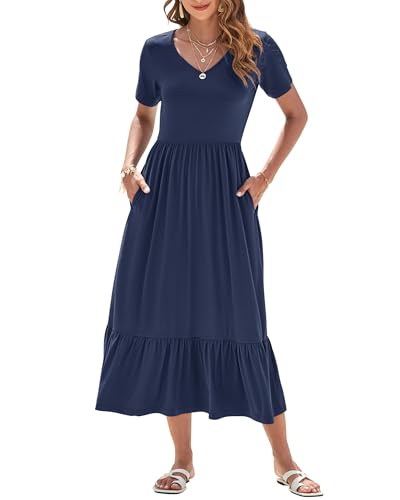 AUSELILY Sommerkleid Damen Lang Kurzarmkleid Maxikleid Damen Sommer V Ausschnitt Empire Taillen Strandkleider mit Taschen Marineblau M von AUSELILY
