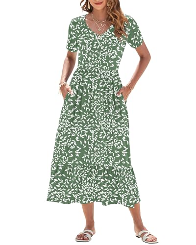 AUSELILY Sommerkleid Damen Lang Kurzarmkleid Maxikleid Damen Sommer V Ausschnitt Empire Taillen Strandkleider mit Taschen Olivgrüne Blätter L von AUSELILY