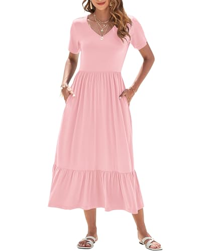 AUSELILY Sommerkleid Damen Lang Kurzarmkleid Maxikleid Damen Sommer V Ausschnitt Empire Taillen Strandkleider mit Taschen Rosa 2XL AUSELILY Sommerkleid Damen Lang Kurzarmkleid Maxikleid Damen Sommer V Ausschnitt Empire Taillen Strandkleider mit Taschen Rosa 2XL von AUSELILY