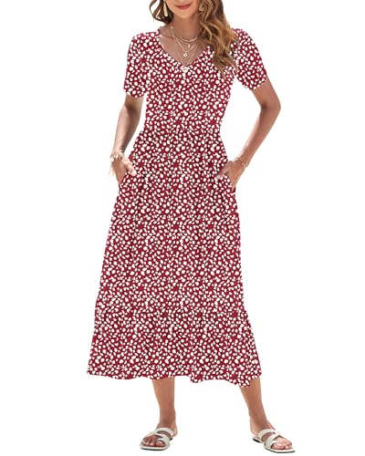 AUSELILY Sommerkleid Damen Lang Kurzarmkleid Maxikleid Damen Sommer V Ausschnitt Empire Taillen Strandkleider mit Taschen Roter Fleck 2XL von AUSELILY