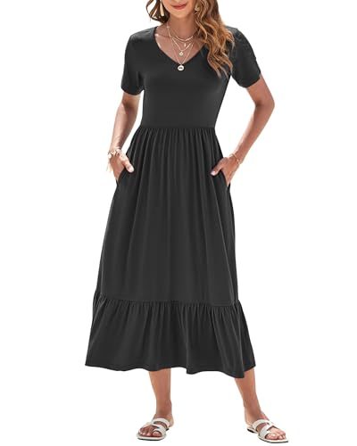 AUSELILY Sommerkleid Damen Lang Kurzarmkleid Maxikleid Damen Sommer V Ausschnitt Empire Taillen Strandkleider mit Taschen Schwarz 2XL von AUSELILY