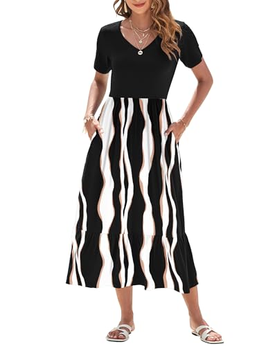 AUSELILY Sommerkleid Damen Lang Kurzarmkleid Maxikleid Damen Sommer V Ausschnitt Empire Taillen Strandkleider mit Taschen Schwarz Streifen M von AUSELILY