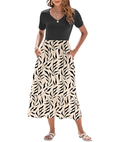 AUSELILY Sommerkleid Damen Lang Kurzarmkleid Maxikleid Damen Sommer V Ausschnitt Empire Taillen Strandkleider mit Taschen Schwarzes Blatt Schwarz XL von AUSELILY