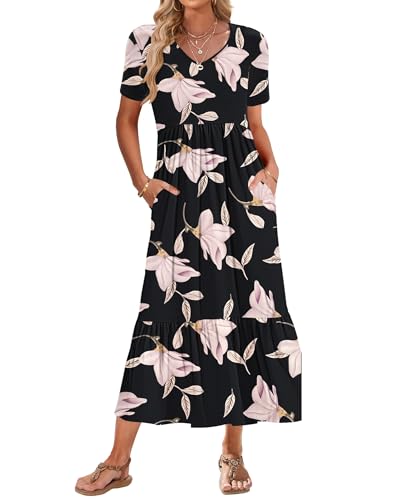 AUSELILY Sommerkleid Damen Lang Kurzarmkleid Maxikleid Damen Sommer V Ausschnitt Empire Taillen Strandkleider mit Taschen Winde XL von AUSELILY