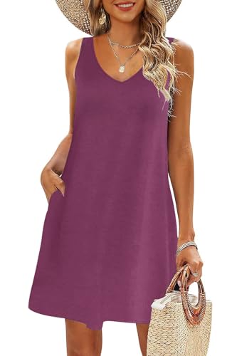 AUSELILY Sommerkleid Damen Leicht Strandkleid Elegant Swing Kleid V Ausschnitt Ärmellose Mini Kleid mit Taschen Mauve M von AUSELILY