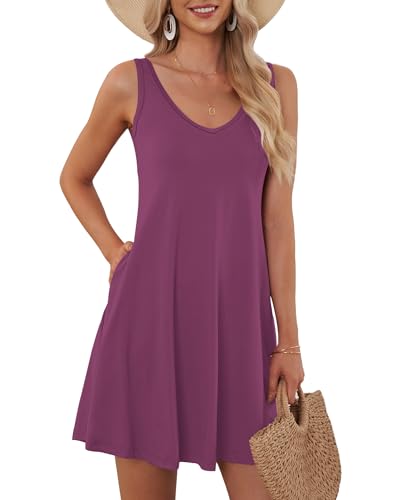 AUSELILY Sommerkleid Damen Ärmellose Strandkleid Leicht Swing Kleid V Ausschnitt Mini Kleid mit Taschen Mauve M von AUSELILY