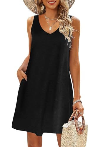 AUSELILY Sommerkleid Damen Leicht Strandkleid Elegant Swing Kleid V Ausschnitt Ärmellose Mini Kleid mit Taschen Schwarz XL von AUSELILY