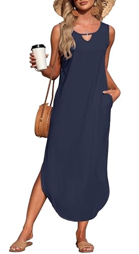 AUSELILY Sommerkleid Damen Maxikleider Lang Ärmellos Schlitz Freizeit Hawaii Strandkleid mit Taschen Marineblau 2XL von AUSELILY