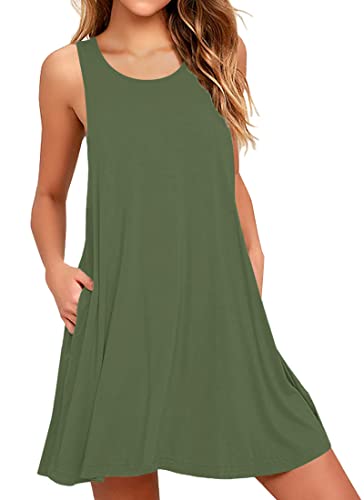 AUSELILY Sommerkleid Damen Rundhals Knielang Freizeitkleider Strand Trägerkleid mit Taschen（Armee grün,M） von AUSELILY