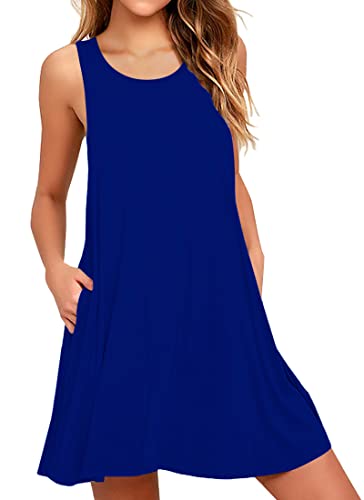 AUSELILY Sommerkleid Damen Rundhals Knielang Freizeitkleider Strand Trägerkleid mit Taschen Königsblau,XL von AUSELILY