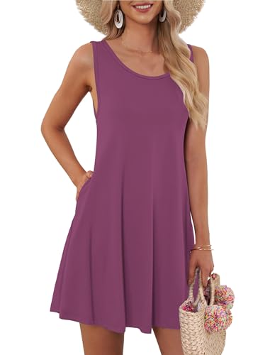 AUSELILY Sommerkleid Damen Rundhals Knielang Freizeitkleider Strand Trägerkleid mit Taschen(Mauve,2XL) von AUSELILY