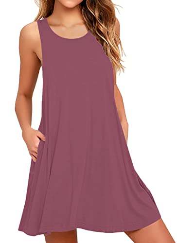 AUSELILY Sommerkleid Damen Rundhals Knielang Freizeitkleider Strand Trägerkleid mit Taschen(Mauve,L) von AUSELILY