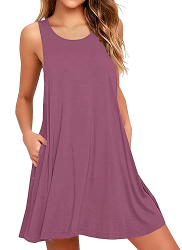 AUSELILY Sommerkleid Damen Rundhals Knielang Freizeitkleider Strand Trägerkleid mit Taschen Mauve,XL von AUSELILY