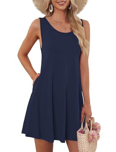 AUSELILY Sommerkleid Damen Rundhals Knielang Freizeitkleider Strand Trägerkleid mit Taschen Navy blau,L von AUSELILY