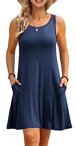 AUSELILY Sommerkleid Damen Rundhals Knielang Freizeitkleider Strand Trägerkleid mit Taschen(Navy blau,M) von AUSELILY