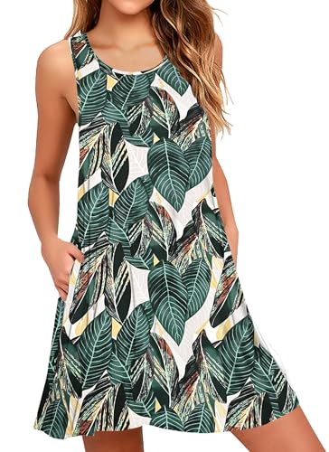 AUSELILY Sommerkleid Damen Rundhals Knielang Freizeitkleider Strand Trägerkleid mit Taschen Blatt-Abdruck L von AUSELILY