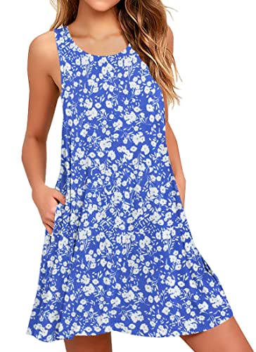 AUSELILY Sommerkleid Damen Rundhals Knielang Freizeitkleider Strand Trägerkleid mit Taschen Blaue Blumen XL von AUSELILY