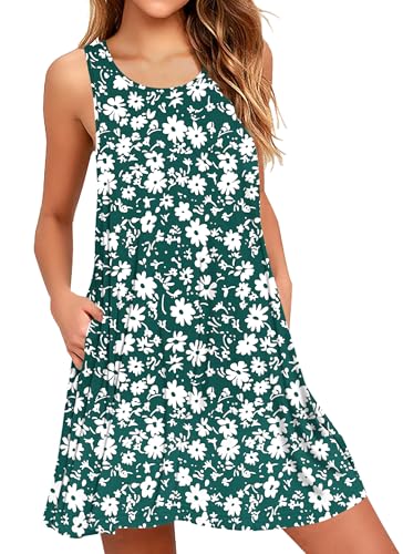 AUSELILY Sommerkleid Damen Rundhals Knielang Freizeitkleider Strand Trägerkleid mit Taschen Grüne Blumen XL von AUSELILY