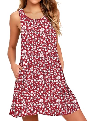 AUSELILY Sommerkleid Damen Rundhals Knielang Freizeitkleider Strand Trägerkleid mit Taschen Rote Blumen XL von AUSELILY