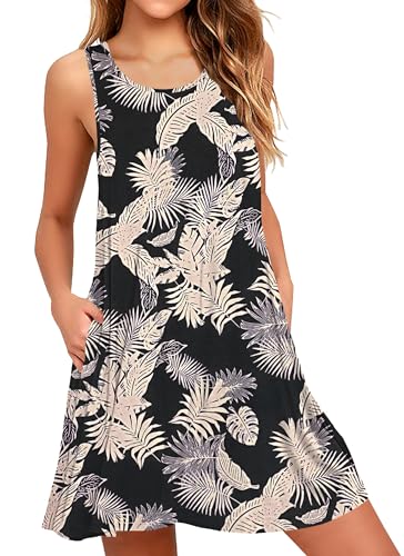 AUSELILY Sommerkleid Damen Rundhals Knielang Freizeitkleider Strand Trägerkleid mit Taschen Tropischer Regenwald S von AUSELILY