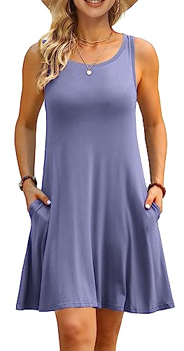 AUSELILY Sommerkleid Damen Rundhals Knielang Freizeitkleider Strand Trägerkleid mit Taschen Violett Grau,M von AUSELILY