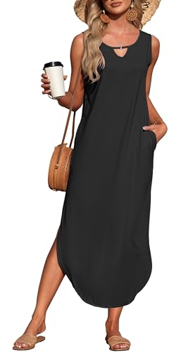 AUSELILY Sommerkleid Damen Schwarz Maxikleider 2024 Lang Ärmellos Schlitz Freizeit Strandkleid mit Taschen 2XL von AUSELILY