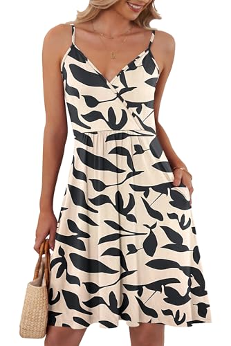 AUSELILY Sommerkleid Damen Spaghetti-Träge V-Ausschnitt Freizeitkleid Strandkleid mit Taschen Aprikose Black Leaf XL AUSELILY Sommerkleid Damen Spaghetti-Träge V-Ausschnitt Freizeitkleid Strandkleid mit Taschen Aprikose Black Leaf XL von AUSELILY