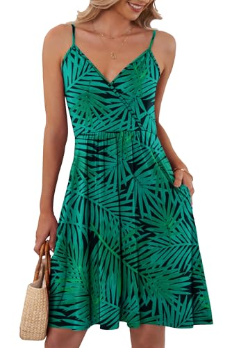 AUSELILY Sommerkleid Damen Spaghetti-Träge V-Ausschnitt Freizeitkleid Strandkleid mit Taschen Blattgrün M von AUSELILY