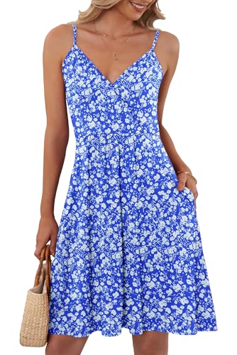 AUSELILY Sommerkleid Damen Spaghetti-Träge V-Ausschnitt Freizeitkleid Strandkleid mit Taschen Blaue Blumen L von AUSELILY