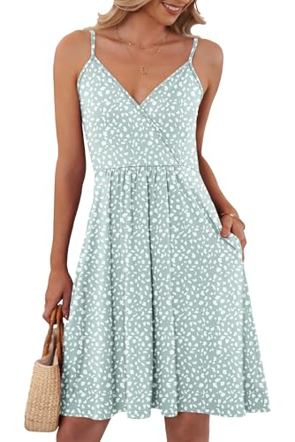 AUSELILY Sommerkleid Damen Spaghetti-Träge V-Ausschnitt Freizeitkleid Strandkleid mit Taschen Grünes Hufeisen M von AUSELILY