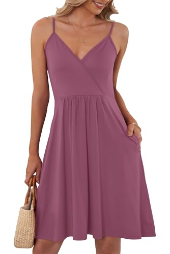 AUSELILY Sommerkleid Damen Spaghetti-Träge V-Ausschnitt Freizeitkleid Strandkleid mit Taschen Mauve L von AUSELILY