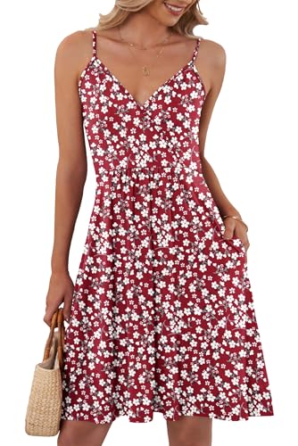 AUSELILY Sommerkleid Damen Spaghetti-Träge V-Ausschnitt Freizeitkleid Strandkleid mit Taschen Rote Blumen 2XL von AUSELILY