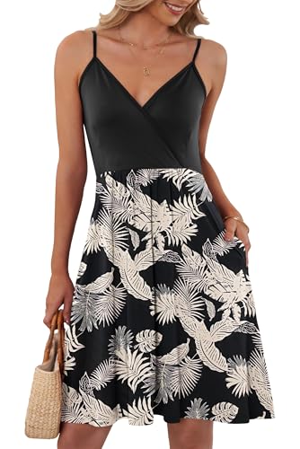 AUSELILY Sommerkleid Damen Spaghetti-Träge V-Ausschnitt Freizeitkleid Strandkleid mit Taschen Schwarzer Regenwald L von AUSELILY