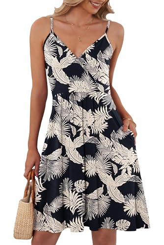 AUSELILY Sommerkleid Damen Spaghetti-Träge V-Ausschnitt Freizeitkleid Strandkleid mit Taschen Tropischer Regenwald M von AUSELILY