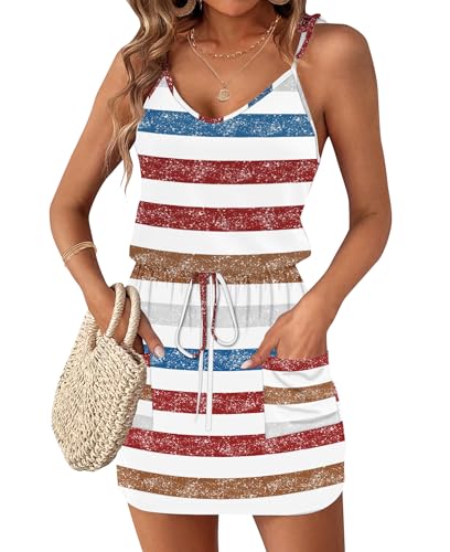 AUSELILY Sommerkleid Damen V Ausschnitt Ärmellos Strandkleid Spaghetti-Träger Kordelzug Hohe Taille Freizeitkleid mit Taschen Rot Blau Grau 2XL von AUSELILY