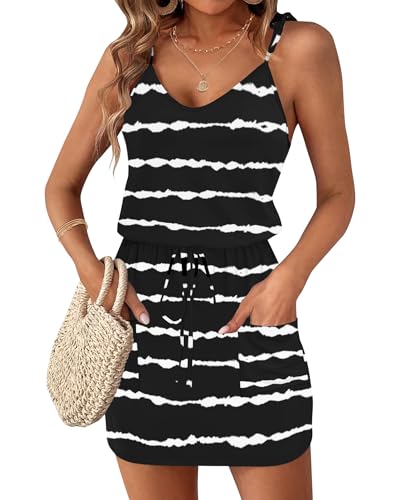 AUSELILY Sommerkleid Damen V Ausschnitt Ärmellos Strandkleid Spaghetti-Träger Kordelzug Hohe Taille Freizeitkleid mit Taschen Schwarze Wellenstreifen L von AUSELILY