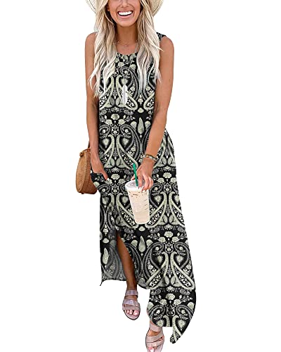 AUSELILY Sommerkleid Maxi Damen Ärmellos Strandkleid Langes Maxi Kleider mit Taschen Boho Floral Schwarz L von AUSELILY