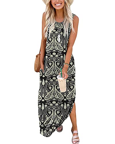 AUSELILY Sommerkleid Maxi Damen Ärmellos Strandkleid Langes Sommer Kleider mit Taschen Boho Floral Schwarz XL von AUSELILY