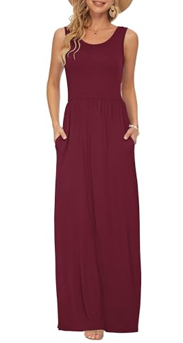 AUSELILY Damen Sommer Ärmelloses Lockeres Maxikleid Lässiges Langes Kleid mit Taschen Weinrot XL von AUSELILY
